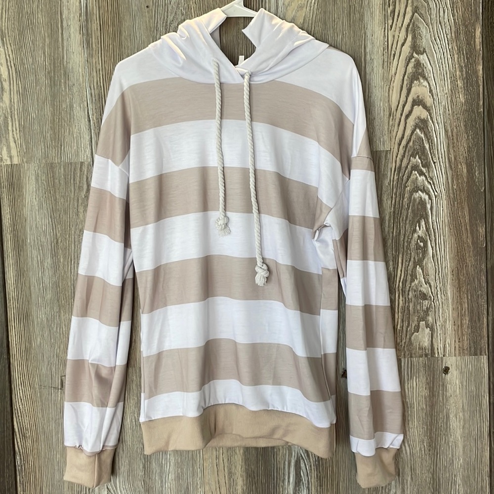 Long sleeve khaki and white striped hooded top, M